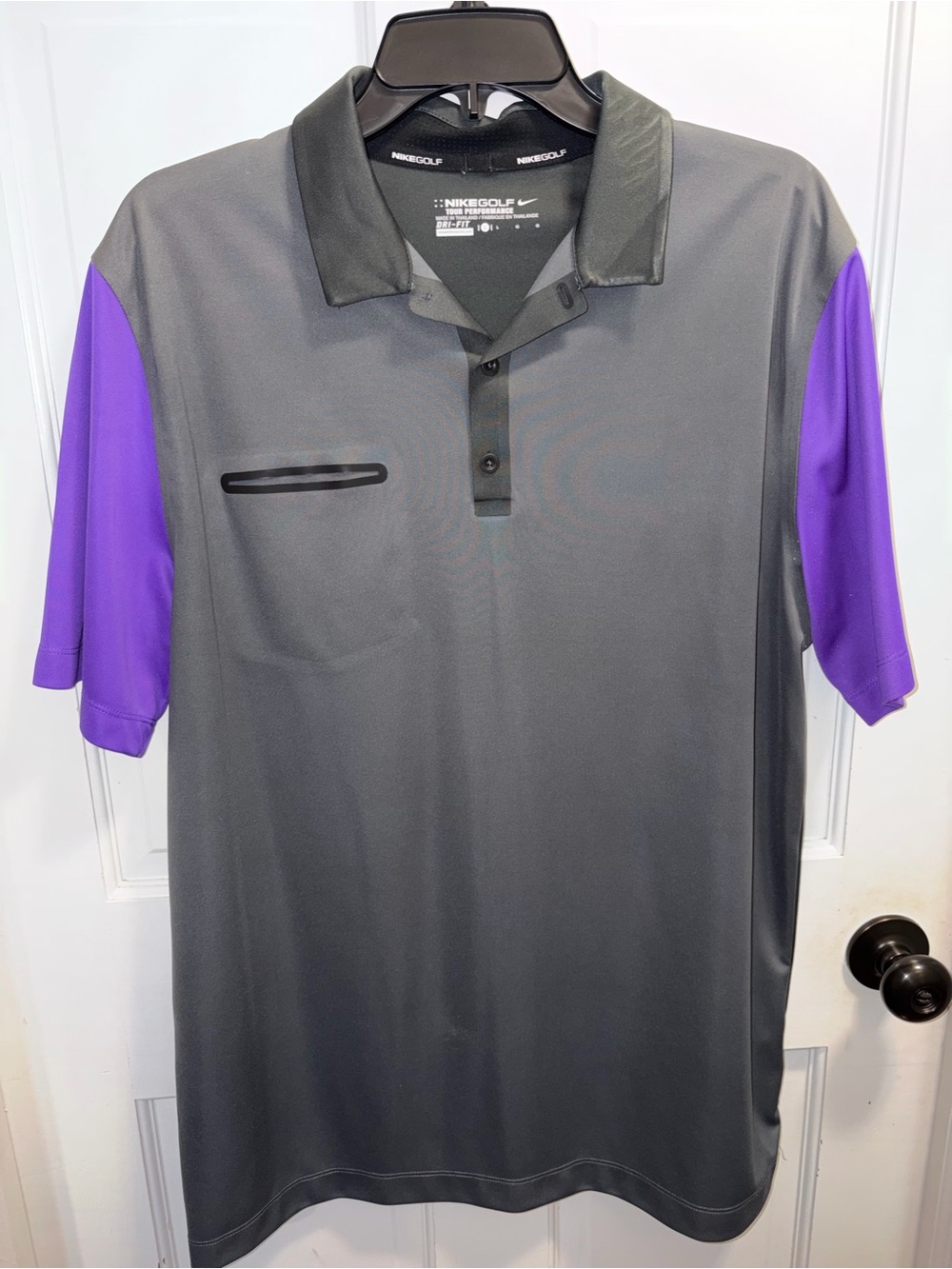 Nike Men's Gray Performance Golf Polo with Purple Sleeves - Size L